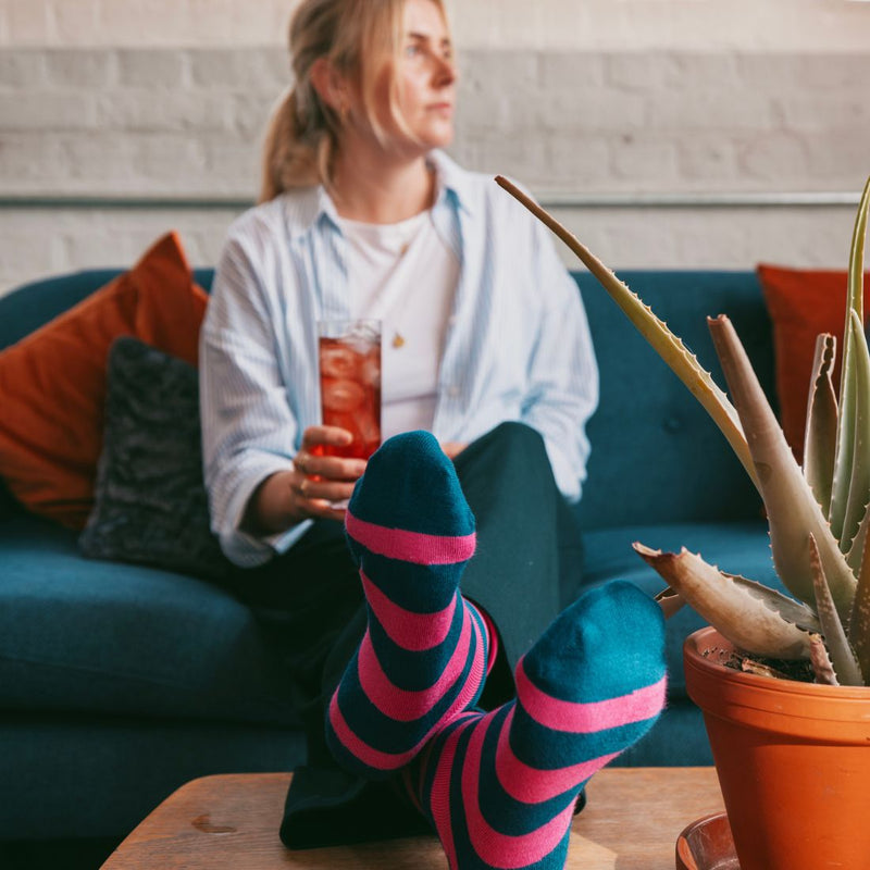 Rich Pink Striped Bamboo Socks (Comfort Cuff)