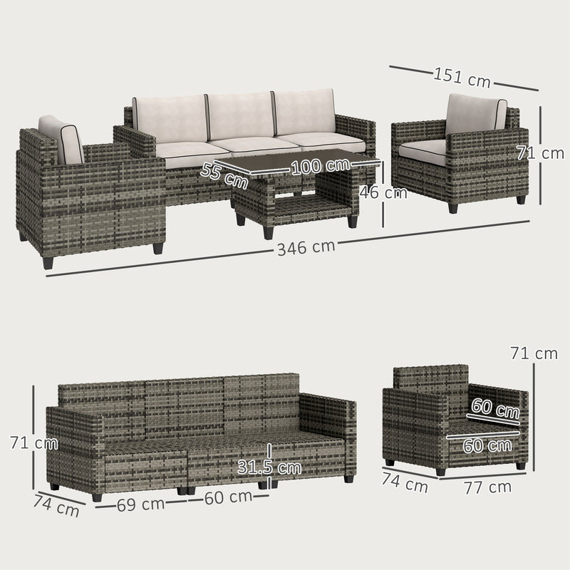 Outsunny 6 Pieces Rattan Garden Furniture Set, 5 Seater Wicker Outdoor Furniture Set with 2 Armchairs, Steel Frame Coffee Table and Cushions for Balcony, Porch, Light Grey