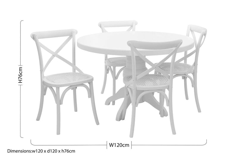 Round Solid Wood Dining Table with 4 Chairs Set in Whitewash Finish, Vermont