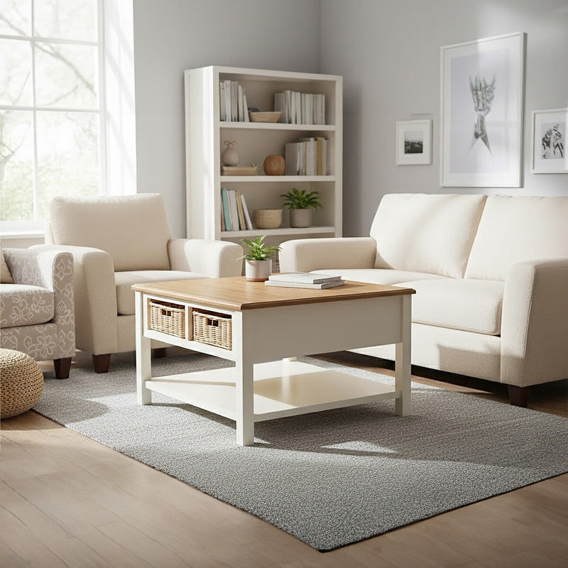 Cream Wood Coffee Table with 2 Rattan Storage Baskets, Dorset