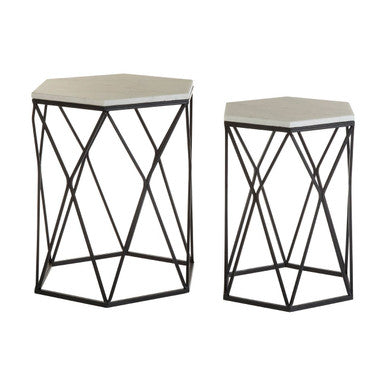 White Marble Top and Black Metal Frame Set of 2 Hexagonal Side Tables, Arcana