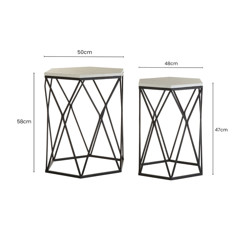 White Marble Top and Black Metal Frame Set of 2 Hexagonal Side Tables, Arcana