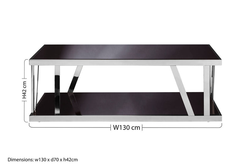 Black Tempered Glass Two-Tier Design Coffee Table with Silver Stainless Steel Frame, Ackley