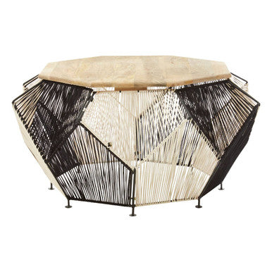 Natural Mango Wood Top Hexagon Coffee Table with Two Tone Black and Silver Geometric Woven Base, Fusion