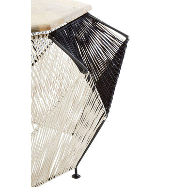 Natural Mango Wood Top Hexagon Coffee Table with Two Tone Black and Silver Geometric Woven Base, Fusion