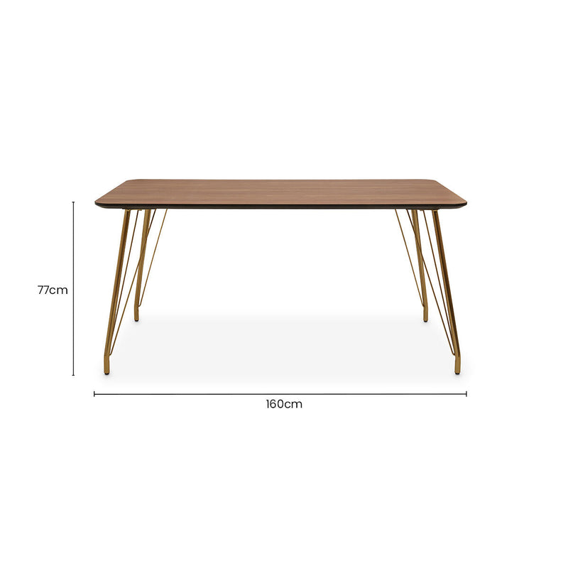 Natural Wood Effect Top Dining Table with Gold Hairpin Metal Base, Veneto