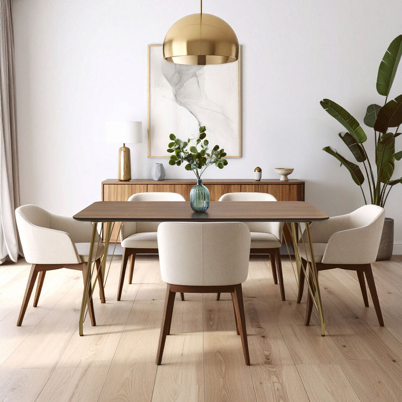 Natural Wood Effect Top Dining Table with Gold Hairpin Metal Base, Veneto