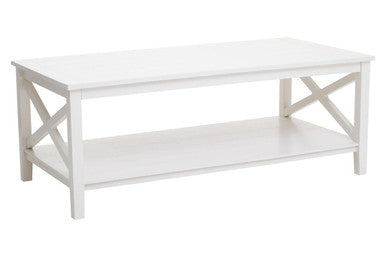 White Wooden Rectangular Coffee Table with Lower Shelf and X Frame Side Panels, Heritage