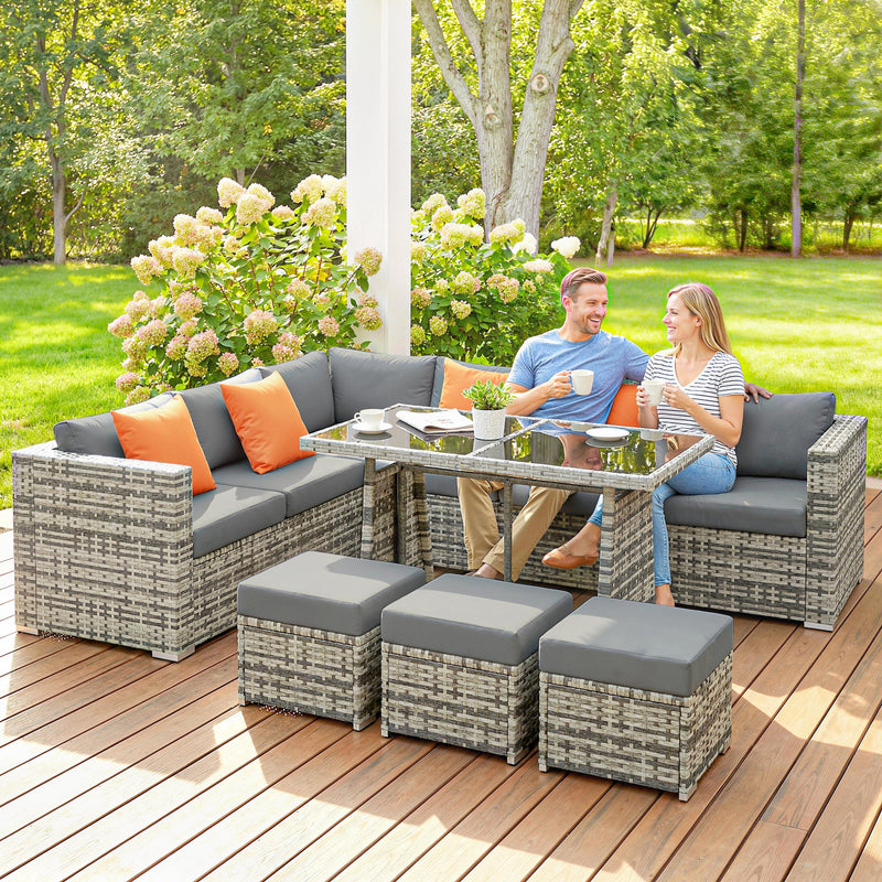 Outsunny 10 Piece Rattan Garden Furniture Set, 2 Corner Sofas with 4 Chairs, 4 Stools and Coffee Table, Outdoor Patio Furniture