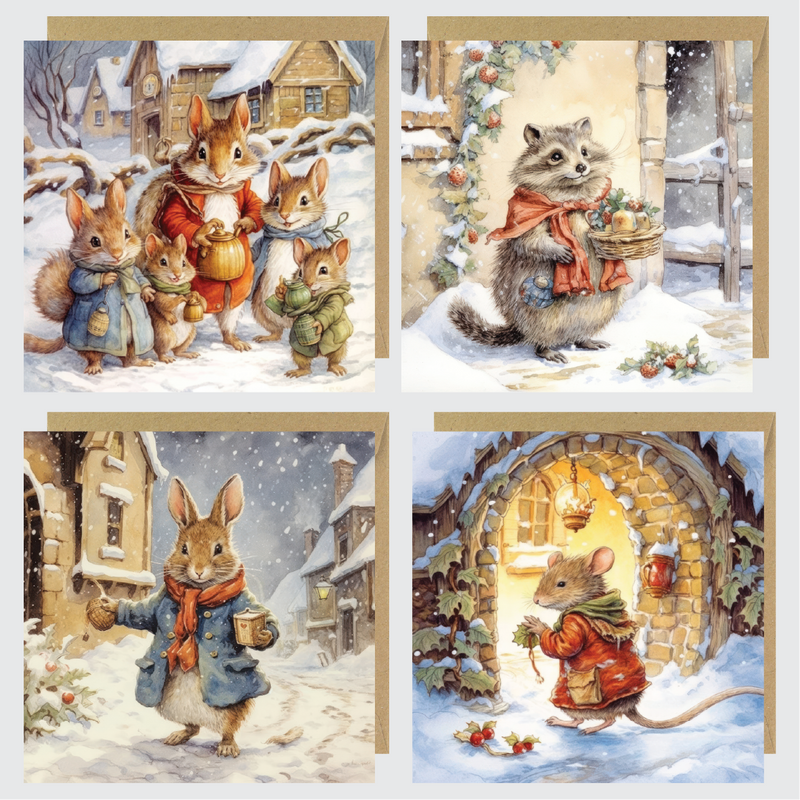 Traditional Animal Set of 4 Greetings Cards/2