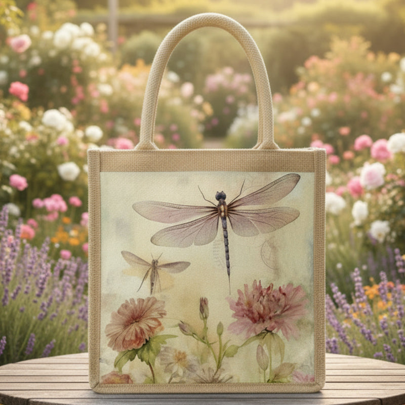 Dragonfly Pink Floral Jute Bag