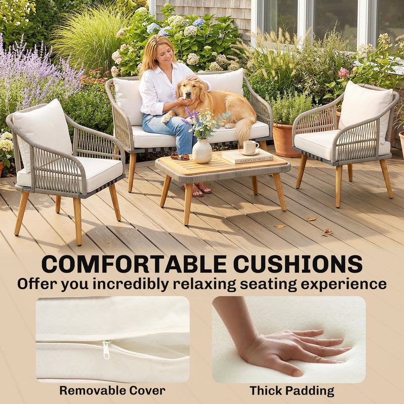Outsunny 4 Piece Rattan Garden Furniture Set with Loveseat, Armchairs, Wood Table, Wicker Patio Conversation Set, Cream White