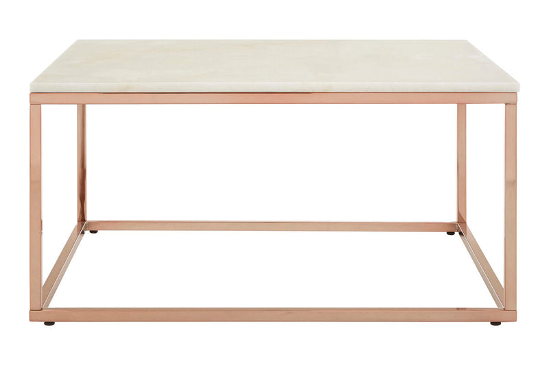 Square White Marble Top Coffee Table in Rose Gold Finish Stainless Steel Legs, Allure