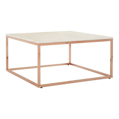 Square White Marble Top Coffee Table in Rose Gold Finish Stainless Steel Legs, Allure