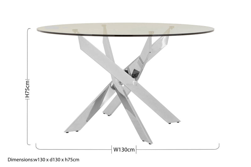 Round Clear Tempered Glass Dining Table with Intersecting Chrome Stainless Steel Legs, Allure