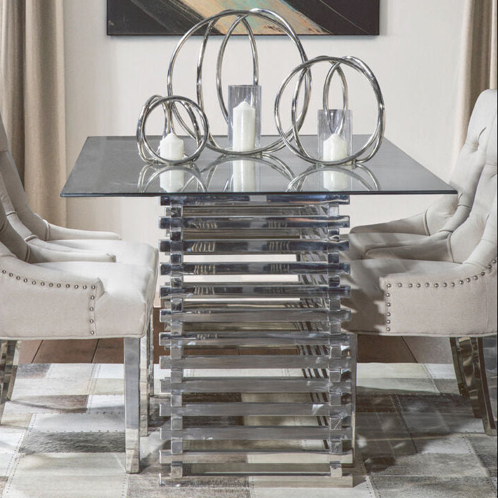 Silver Dining Table with Clear Tempered Glass Top, Vogue
