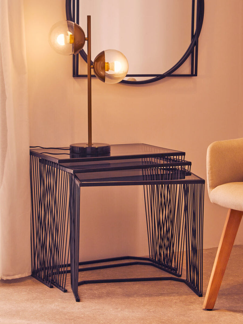 Set of 3 Smoky Grey Glass Tops Nesting Side Tables with Black Metal Wire Frames, Trento