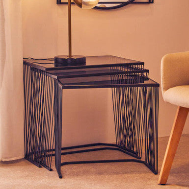 Set of 3 Smoky Grey Glass Tops Nesting Side Tables with Black Metal Wire Frames, Trento