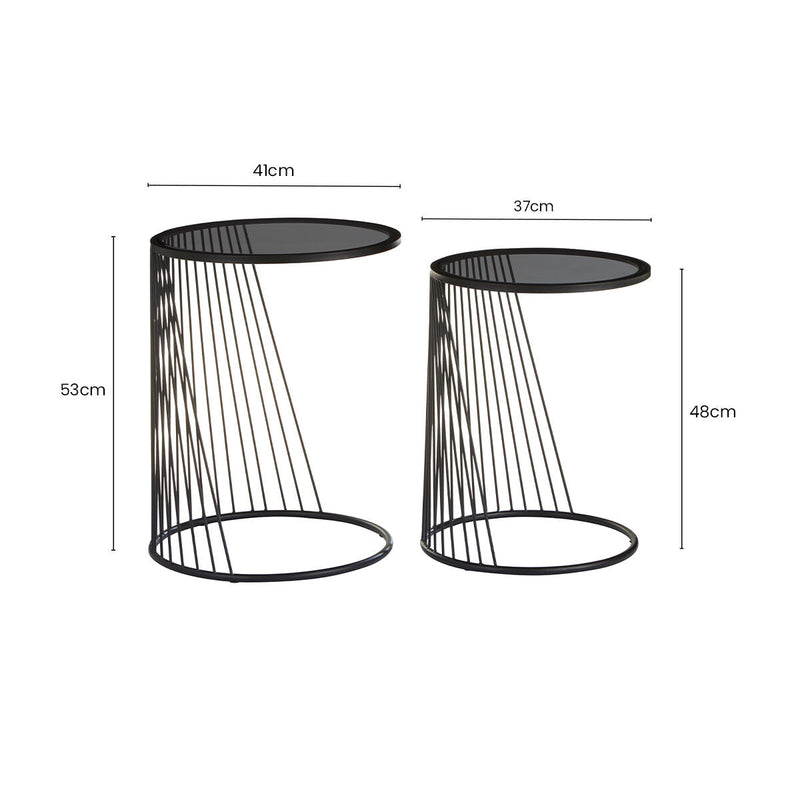 Set of 2 Grey Glass Top Nesting Side Tables with Black Metal Wire Frame, Trento
