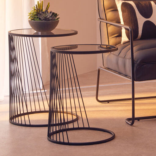 Set of 2 Grey Glass Top Nesting Side Tables with Black Metal Wire Frame, Trento