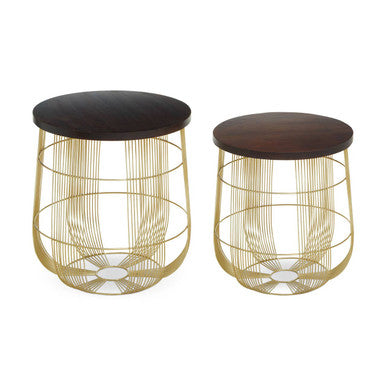 Set of 2 Brown Mango Wood Side Tables with Gold Finish Metal Base, Agra