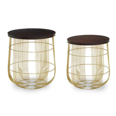 Set of 2 Brown Mango Wood Side Tables with Gold Finish Metal Base, Agra