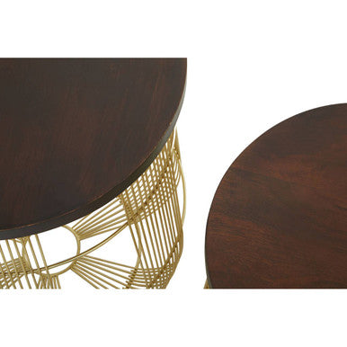 Set of 2 Brown Mango Wood Side Tables with Gold Finish Metal Base, Agra