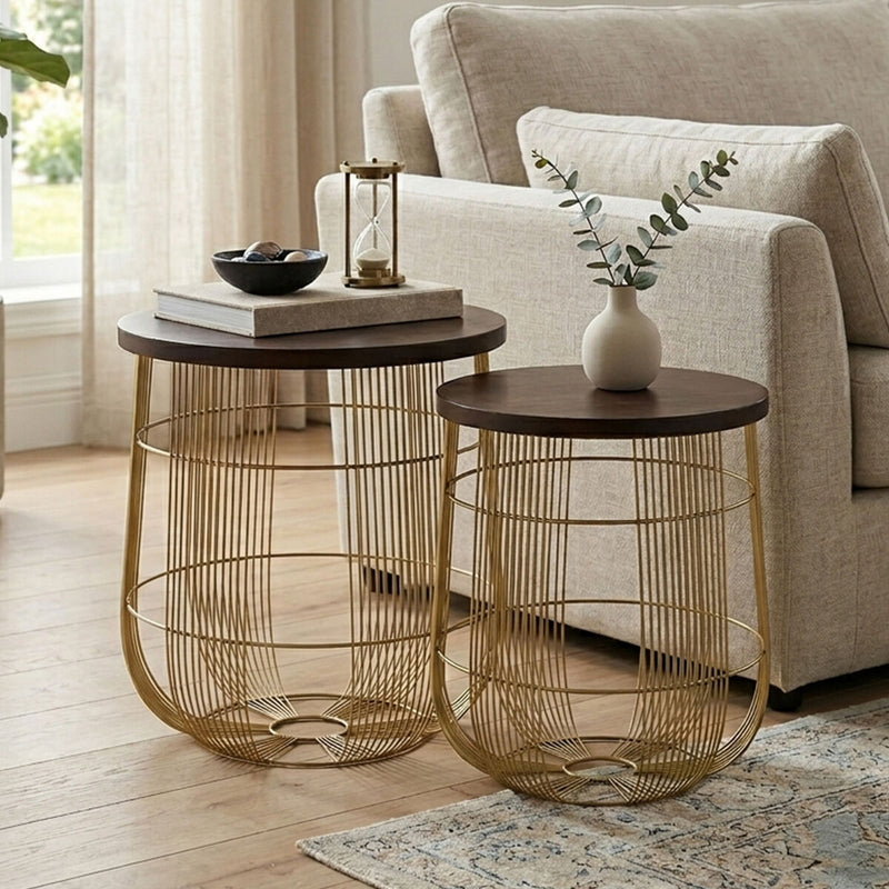 Set of 2 Brown Mango Wood Side Tables with Gold Finish Metal Base, Agra