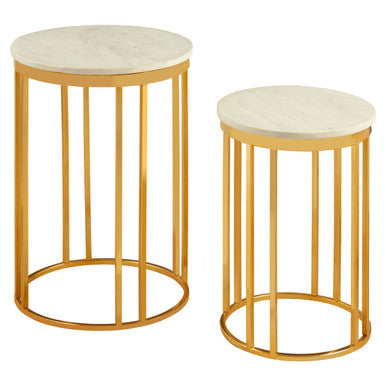 Set of 2 Round White Marble Tops Side Tables with Rich Gold Metal Frame, Templar
