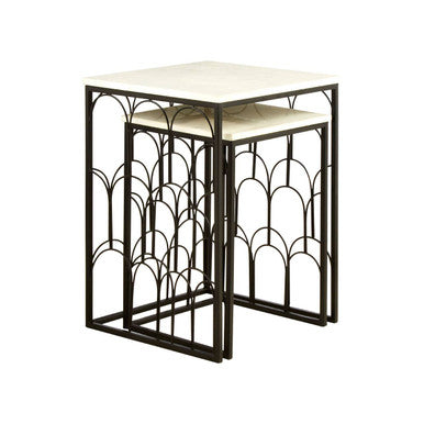 White Marble Top Side Tables with Black Metal Base and Art Deco Pattern, Templar
