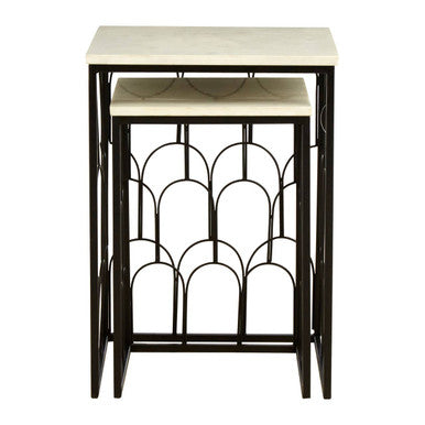 White Marble Top Side Tables with Black Metal Base and Art Deco Pattern, Templar