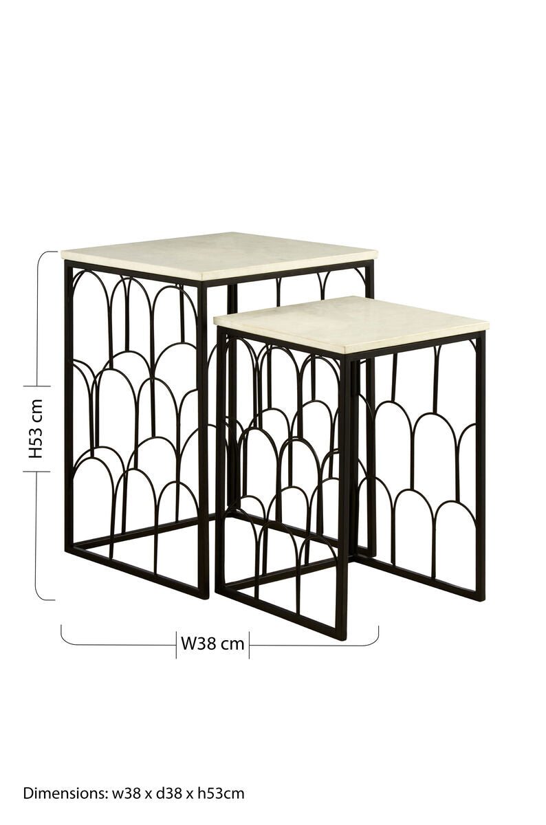 White Marble Top Side Tables with Black Metal Base and Art Deco Pattern, Templar