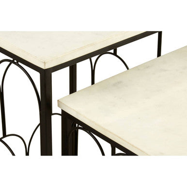 White Marble Top Side Tables with Black Metal Base and Art Deco Pattern, Templar