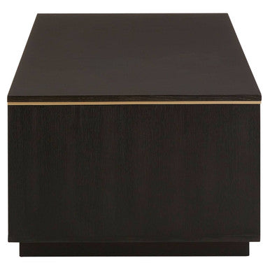 Black Oak Veneer 1-Drawer Coffee Table with Gold Finish Trim and Lower Storage Shelf, Diamond