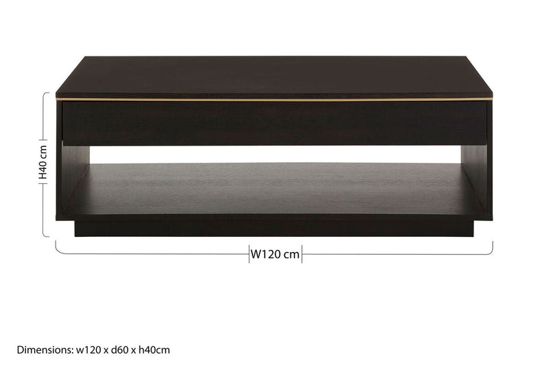 Black Oak Veneer 1-Drawer Coffee Table with Gold Finish Trim and Lower Storage Shelf, Diamond