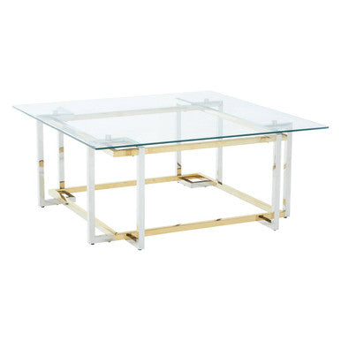 Clear Tempered Glass Top Coffee Table with Silver and Gold Stainless Steel Base, Elino