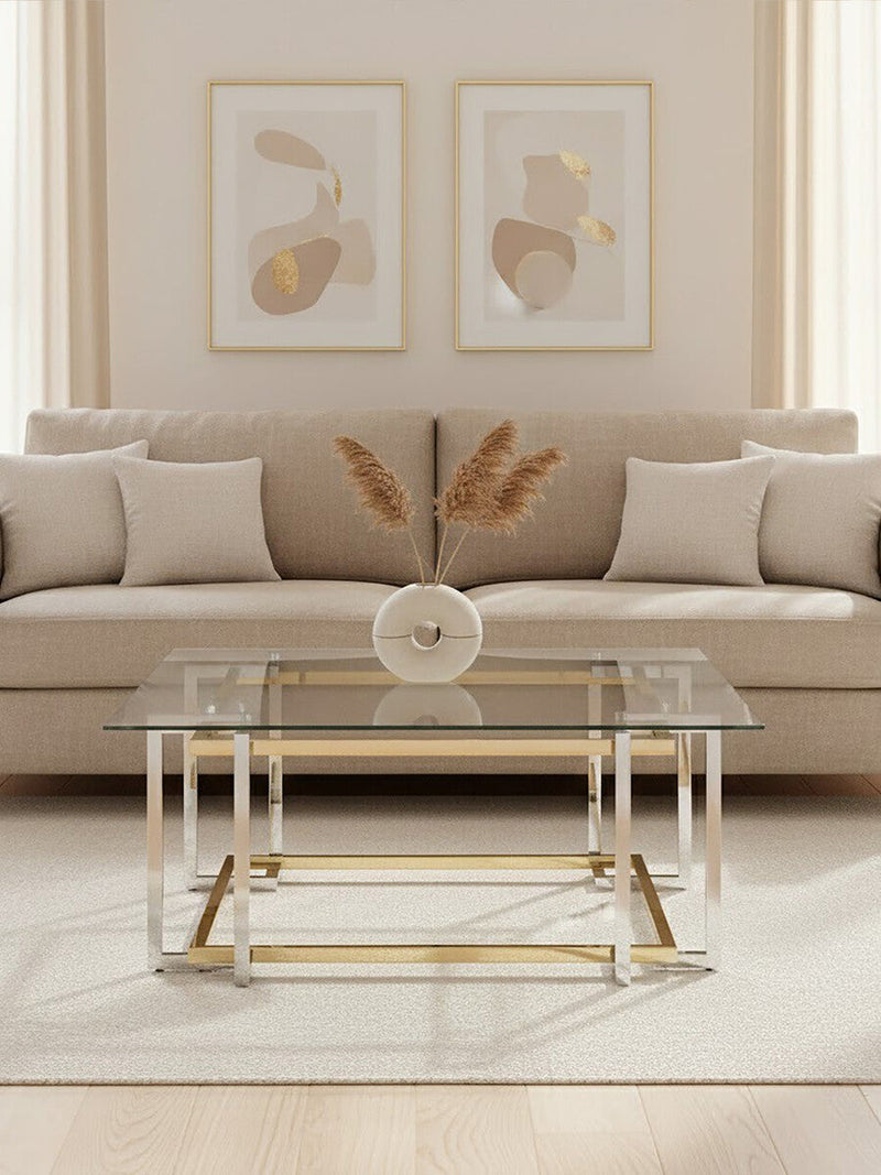 Clear Tempered Glass Top Coffee Table with Silver and Gold Stainless Steel Base, Elino