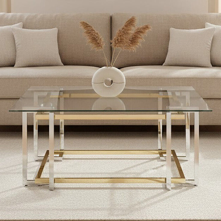 Clear Tempered Glass Top Coffee Table with Silver and Gold Stainless Steel Base, Elino
