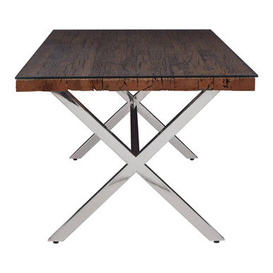 Square Natural Wood and Clear Glass Top Dining Table with Grey Cross Base, Kerala