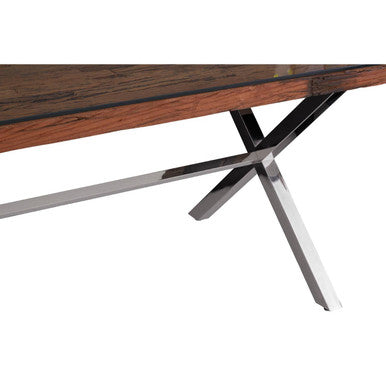 Square Natural Wood and Clear Glass Top Dining Table with Grey Cross Base, Kerala