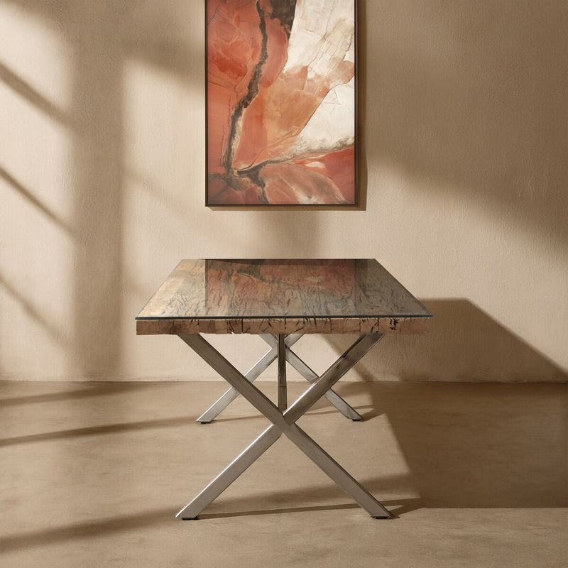 Square Natural Wood and Clear Glass Top Dining Table with Grey Cross Base, Kerala