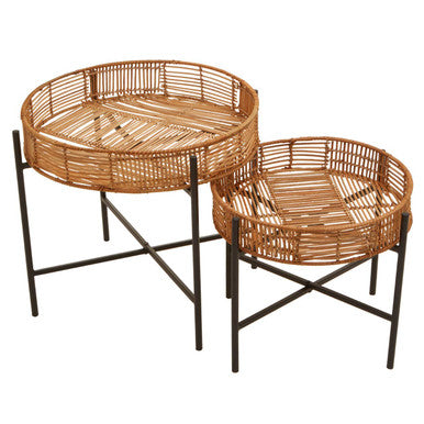Set of 2 Natural Rattan Top Side Tables with Cross Black Metal Frame, Batu