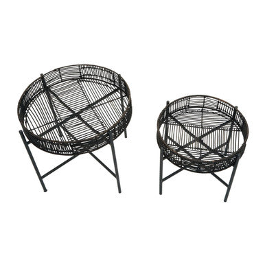 Set of 2 Black Rattan Top Side Tables with Cross Metal Frame, Batu