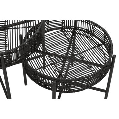 Set of 2 Black Rattan Top Side Tables with Cross Metal Frame, Batu