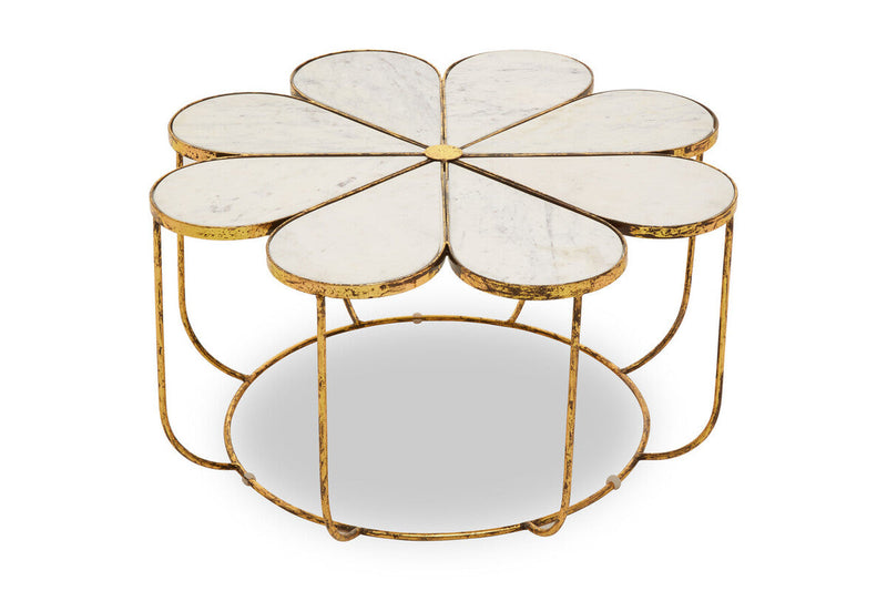 White Polished Marble Top Coffee Table with Petal Design Openwork Base, Rabia