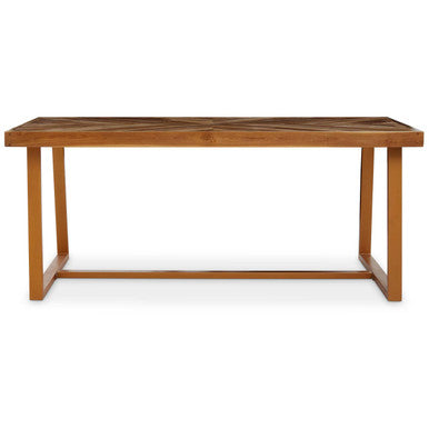 Natural Teak Wood Dining Table with Herringbone Top and Gold Finish Metal Frame, Kendari