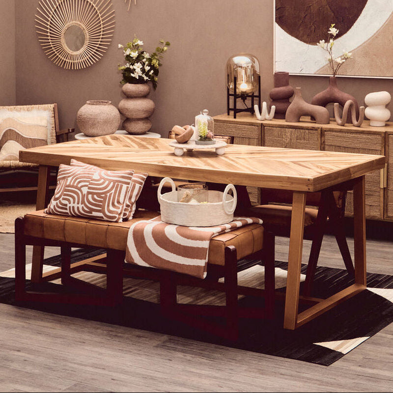 Natural Teak Wood Dining Table with Herringbone Top and Gold Finish Metal Frame, Kendari