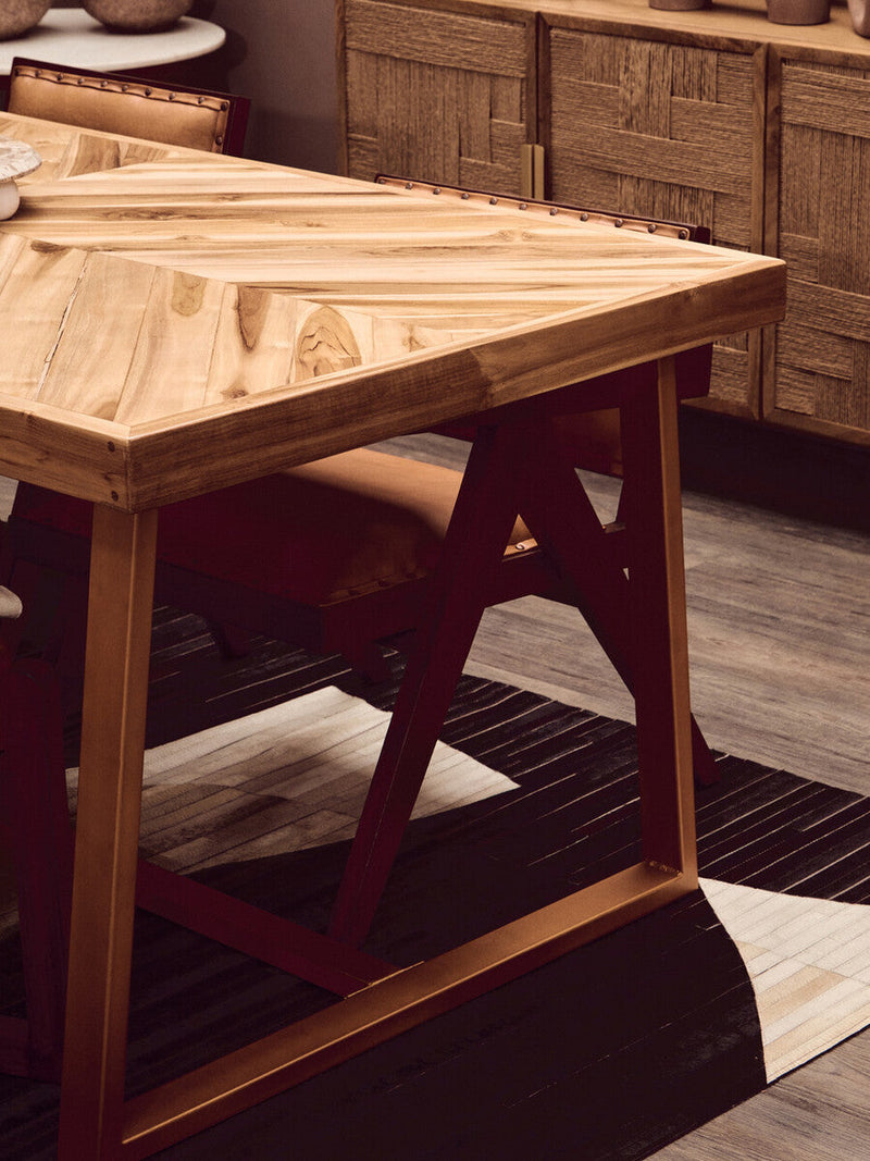 Natural Teak Wood Dining Table with Herringbone Top and Gold Finish Metal Frame, Kendari
