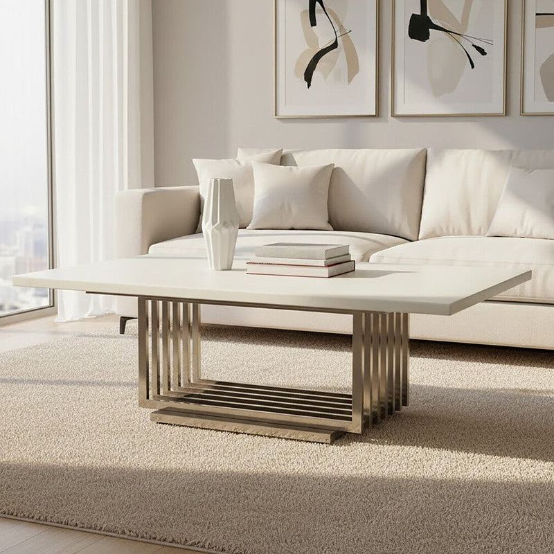 White Faux Marble Top Coffee Table with Silver Geometric Stainless Steel Frame, Moda