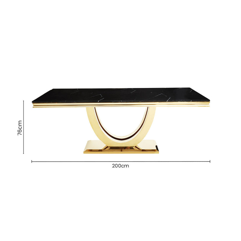 Black Faux Marble Rectangular Top Dining Table with Brushed Gold Geometric Frame, Moda